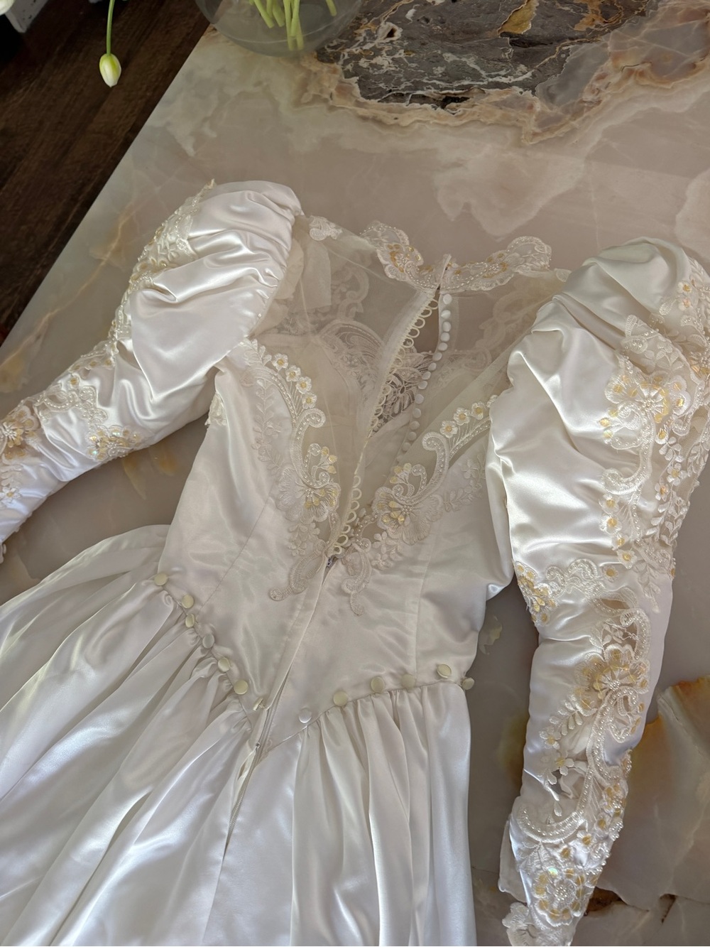 Vintage Satin Bridal Gown with Gold Lace Appliqué - Picture 2 of 9